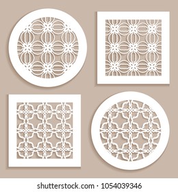 Round and square line patterns, templates for laser cutting, plotter cutting, printing. Geometric design cut out of paper. Mandala Islamic die cut ornament. Fretwork panels, cutout silhouette stencils