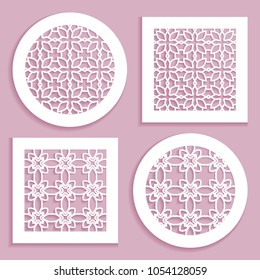 Round and square line patterns, templates for laser cutting, plotter cutting, printing. Geometric design cut out of paper. Mandala Islamic die cut ornament. Fretwork panels, cutout silhouette stencils