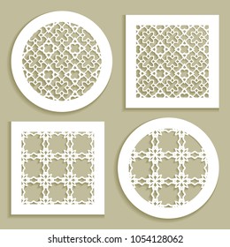Round and square line patterns, templates for laser cutting, plotter cutting, printing. Geometric design cut out of paper. Mandala Islamic die cut ornament. Fretwork panels, cutout silhouette stencils