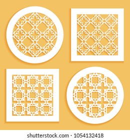 Round and square line patterns, templates for laser cutting, plotter cutting, printing. Geometric design cut out of paper. Mandala Islamic die cut ornament. Fretwork panels, cutout silhouette stencils