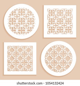 Round and square line patterns, templates for laser cutting, plotter cutting, printing. Geometric design cut out of paper. Mandala Islamic die cut ornament. Fretwork panels, cutout silhouette stencils