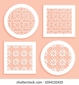 Round and square line patterns, templates for laser cutting, plotter cutting, printing. Geometric design cut out of paper. Mandala Islamic die cut ornament. Fretwork panels, cutout silhouette stencils