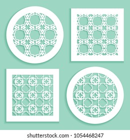 Round and square line patterns, templates for laser cutting, plotter cutting, printing. Geometric design cut out of paper. Mandala Islamic die cut ornament. Fretwork panels, cutout silhouette stencils