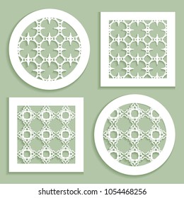 Round and square line patterns, templates for laser cutting, plotter cutting, printing. Geometric design cut out of paper. Mandala Islamic die cut ornament. Fretwork panels, cutout silhouette stencils