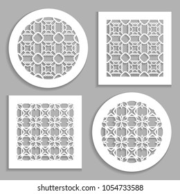Round and square line patterns, templates for laser cutting, plotter cutting, printing. Geometric design cut out of paper. Mandala Islamic die cut ornament. Fretwork panels, cutout silhouette stencils