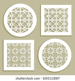 Round and square line patterns, templates for laser cutting, plotter cutting, printing. Geometric design cut out of paper. Mandala Islamic die cut ornament. Fretwork panels, cutout silhouette stencils