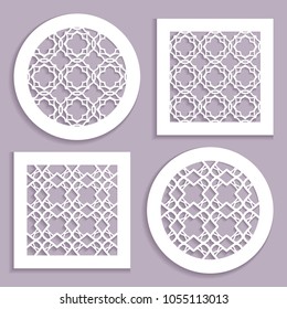 Round and square line patterns, templates for laser cutting, plotter cutting, printing. Geometric design cut out of paper. Mandala Islamic die cut ornament. Fretwork panels, cutout silhouette stencils