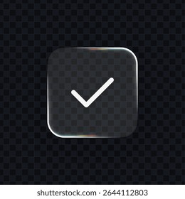 Round square liquid glass check mark button. UI interface icon. Vector illustration for app and web design.