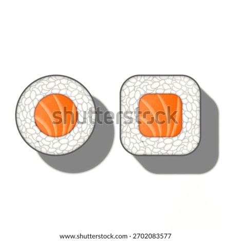 Round and square maki sushi rolls with rice salmon inside isolated on white, top view realistic 3d vector mockup for restaurant menu, asian food presentation, or seafood template.