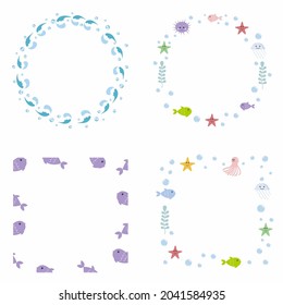 Runder und quadratischer Meeresrahmen für die Design-Inschrift. Platz für Foto oder Text. Fische, Algen, Krabben, Tintenfische und Meereslebewesen.