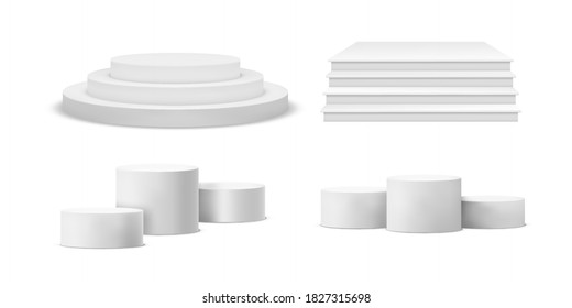 Round and square podium. Realistic winner pedestal white empty geometric studio pillar pedestals different forms with shadows, 3d blank blocks for presentation product and exhibition vector template