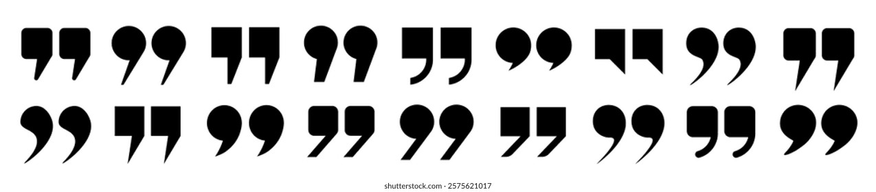 Round and square quotation marks are black on a white background. A set of linear icons, with commas. Check mark or checkbox, quote icons in the comments. Vector EPS 10.