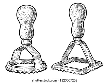 Round, square ravioli cutter illustration, drawing, engraving, ink, line art, vector