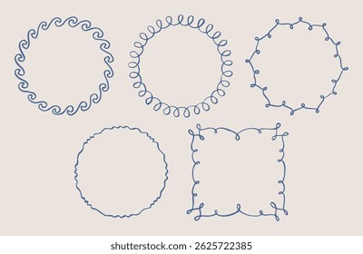 Conjunto de quadros desenhado à mão ondulado redondo e quadrado. Curvas, bordas na moda. Esboço bonito isolado. Decoração de rabiscar.