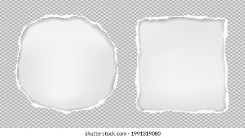 Round and squared holes composition in paper with torn edges and soft shadow are on white background. Vector illustration