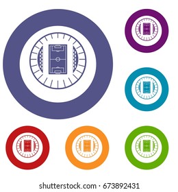 Round stadium top view icons set in flat circle reb, blue and green color for web