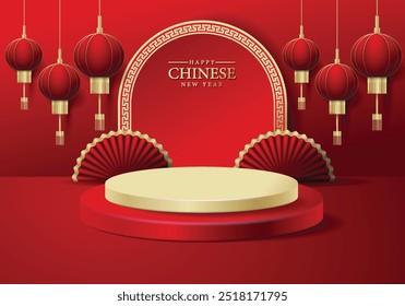 Round stage 3d podium for Chinese new year, on red ornaments and lanterns background, vector eps 10