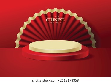 Round stage 3d podium for Chinese new year, on red fan background, vector eps 10