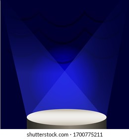 A round stage with a dark blue background illuminated by spotlights from above. Vector illustration.