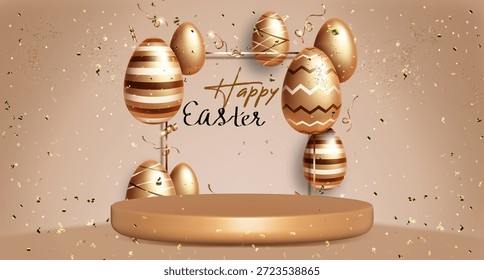 Round stage and golden Easter eggs and falling confetti on pastel background. Vector realistic illustration of luxury holiday card decoration, sale presentation, platform for product, festive banner