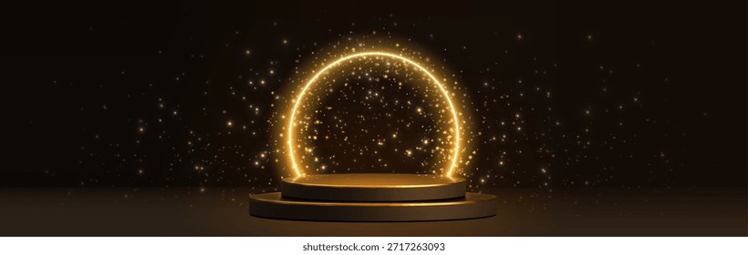Escenario redondo con círculo de luz dorada sobre fondo negro. Ilustración realista de Vector del podio brillante para la presentación del producto o la ceremonia de premiación, pedestal lujoso con la iluminación, plataforma del espectáculo