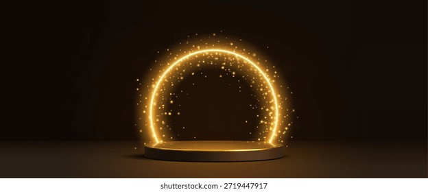 Escenario redondo con círculo de luz dorada sobre fondo negro. Ilustración realista de Vector del podio brillante para la presentación del producto o la ceremonia de premiación, pedestal lujoso con la iluminación, plataforma del espectáculo