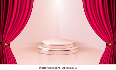 Escenario Redondo Iluminado Por Luces Detrás De Cortinas Abiertas. Vector EPS10