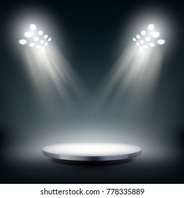 Round Stage Illuminated By Spotlights Podium. EPS10 Vector