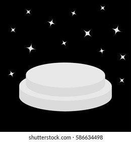 Round stage podium. Empty pedestal for display. Shining sparkling star. 3d realistic platform for design. Isolated. Black background. Template. Flat design. Vector illustration