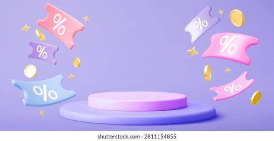  Round stage podium and flying coupon tickets with 3d coins and confetti, vector render sale promotion background. Plastic style discount banners with promo vouchers, special offer design template