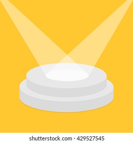 Round stage podium illuminated by spotlights. Empty pedestal for display. 3d realistic platform for design. Isolated. Yellow background. Template. Flat design. Vector illustration