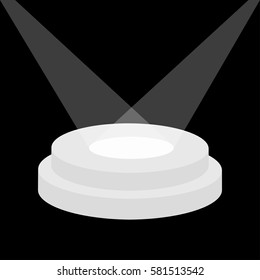 Round stage podium illuminated by spotlights. Empty pedestal for display. 3d realistic platform for design. Isolated. Black background. Template. Flat design. Vector illustration