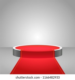 Round stage podium illuminated with light. Stage vector backdrop. Festive podium scene with red carpet for award ceremony. Vector illustration