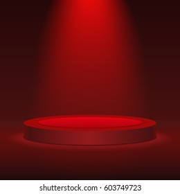 Round stage podium illuminated with red light. Stage vector backdrop. Festive podium scene for award ceremony on red background.