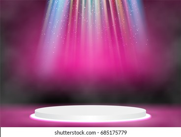 Round stage podium illuminated with spotlights and smoke on dark pink background
