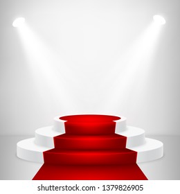 Round stage podium with light. Stage vector backdrop. Festive podium scene with red carpet for award ceremony. Vector illustration.