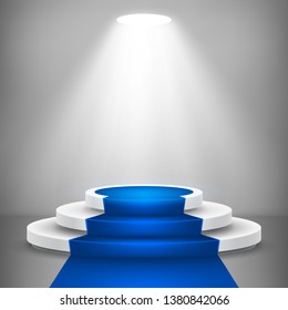 Round stage podium with light. Stage vector backdrop. Festive podium scene with blue carpet for award ceremony. Vector illustration.