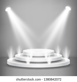 Round stage podium with light. Stage vector backdrop. Festive podium scene for award ceremony. Vector illustration.