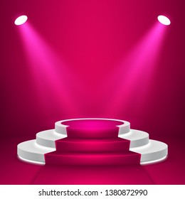 Round stage podium with light. Stage vector backdrop. Festive podium scene with red carpet for award ceremony. Vector illustration.