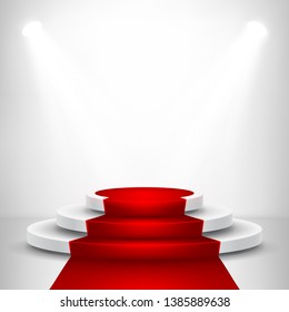 Round stage podium with light. Stage vector backdrop. Festive podium scene with red carpet for award ceremony. Vector illustration.