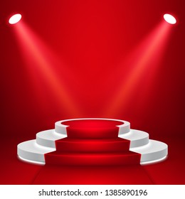 Round stage podium with light. Stage vector backdrop. Festive podium scene with red carpet for award ceremony. Vector illustration.