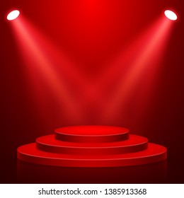 Round stage podium with light. Stage vector backdrop. Festive podium scene with red carpet for award ceremony. Vector illustration.