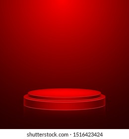 Round stage podium with light. Stage vector backdrop. Festive podium scene with red carpet for award ceremony. Vector illustration.