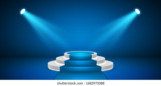 Round stage podium with light. Stage vector backdrop. Festive blue podium scene with carpet for award ceremony. Vector illustration.