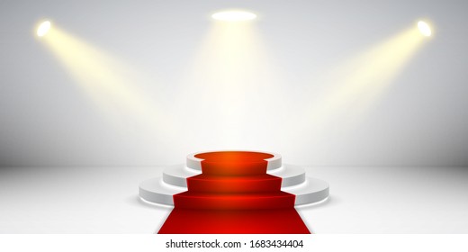 Round stage podium with light. Stage vector backdrop. Festive podium scene with red carpet for award ceremony. Vector illustration.