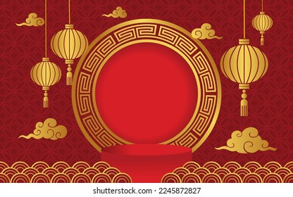 Round stage podium on gold and red pattern background for Chinese new year product promotion display banner.
Spring, Autumn Festival with decoration elements, lanterns, waves, clouds in asian style.