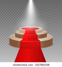 Round stage podium scene illuminated with light Red carpet on transparent background. Vector Illustration