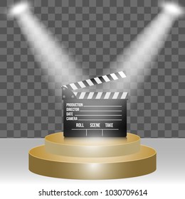 Round stage podium scene illuminated with light  for award ceremony best movie on transparent background. Festive film Award podium scene movie premiere. Vector Illustration