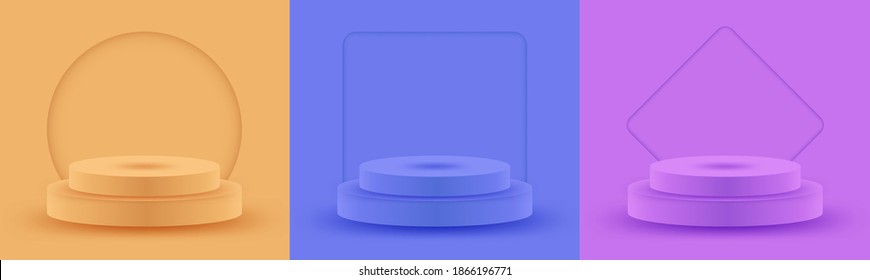 Round stage podium set illuminated with light. Collection Stage vector backdrop. Festive podium scene for award ceremony on orange, blue background. Vector white pedestal for product presentation.