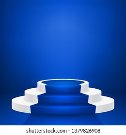 Round stage podium. Stage vector backdrop. Festive podium scene with blue carpet for award ceremony. Vector illustration.